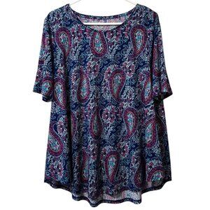 Chicos The‎ Ultimate Tee Shirt Women Size 2 Short Sleeve Paisly Print Colorful